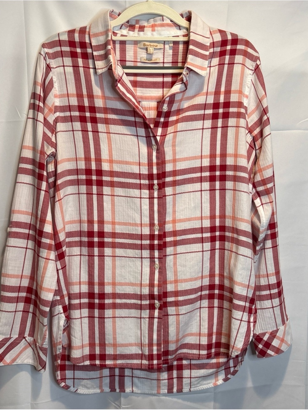 Barbour White Shirt with Red Plaid Accents